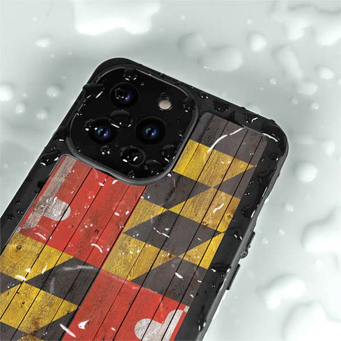 Maryland Flag Dark Wood iPhone 15 Pro Waterproof Case